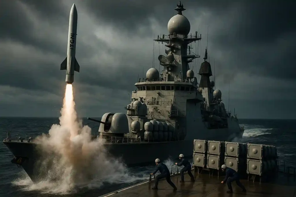 Indian Navy destroyer launching ITCM subsonic cruise missile vertically from UVLM cell with smoke trail and radar systems visible on deck.