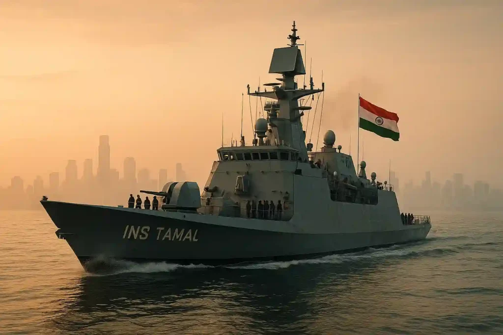 INS Tamal, Indian Navy stealth frigate, sailing toward Mumbai harbour at sunrise with city skyline in haze, sailors on deck, radar mast active, and Indian flag waving.