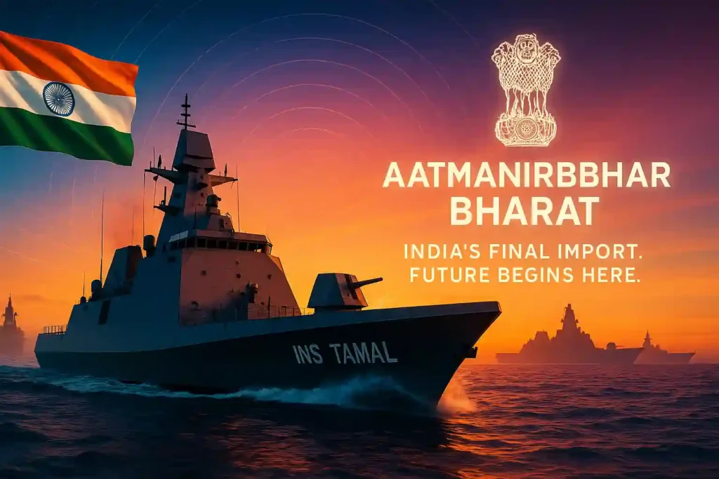 INS Tamal sailing with future Indian warships in formation, symbolising Make in India naval strength.