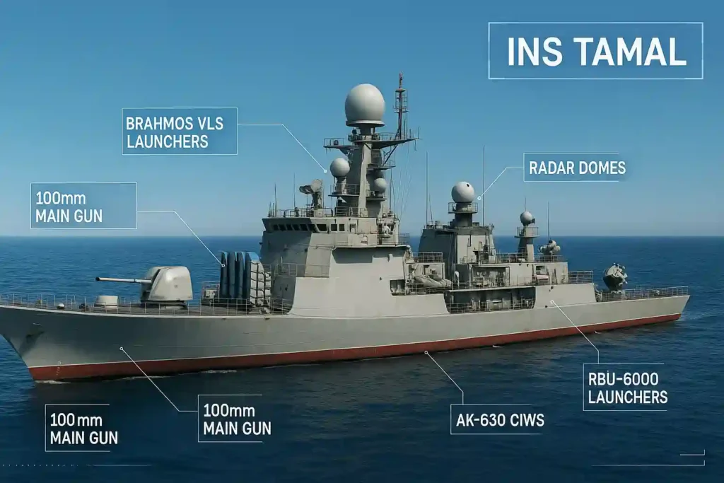 INS Tamal cutaway view showing BrahMos missiles, Shtil-1 SAMs, naval gun, radar and CIWS systems in detail.