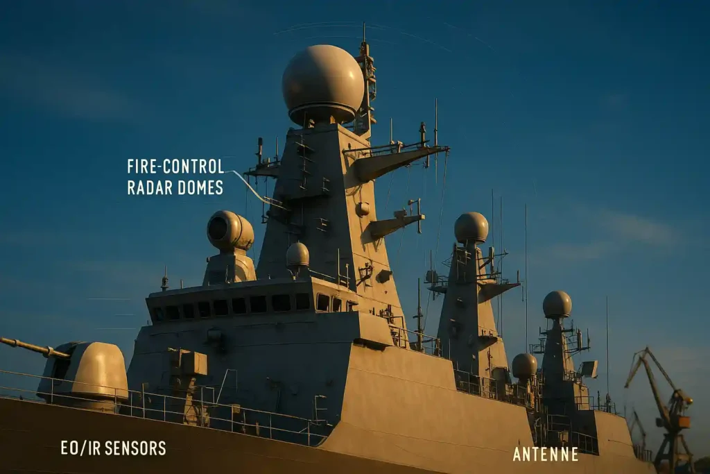Close-up cinematic view of INS Tamal's mast and sensor array with EO/IR sensors, fire-control radar domes, and antennae active, showcasing electronic warfare capability under golden side-lighting and blue sky.