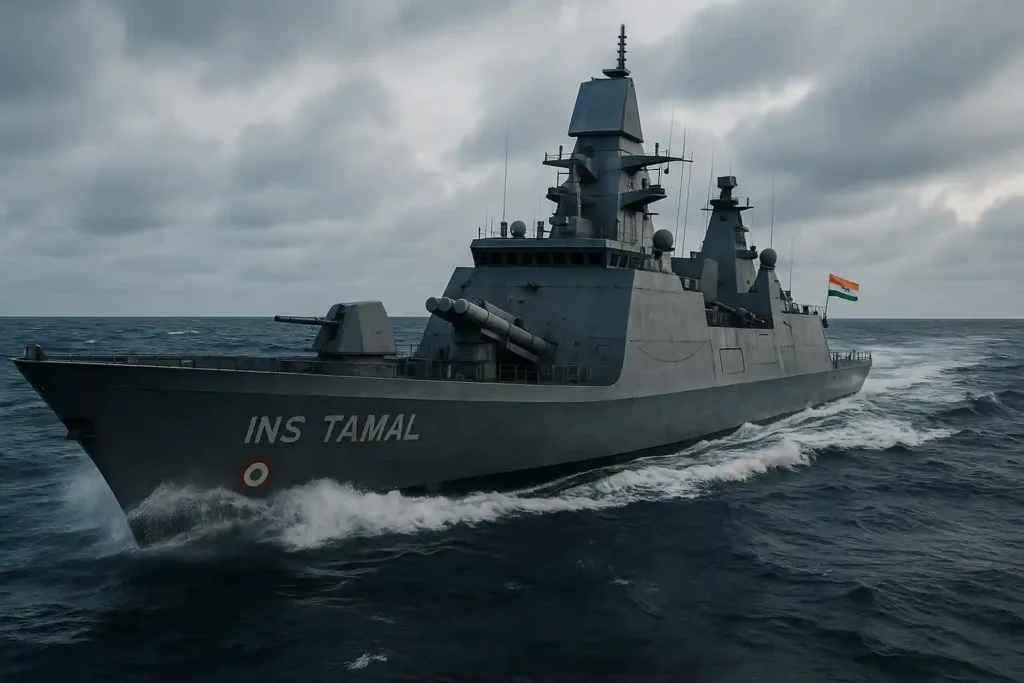 INS Tamal, Indian Navy stealth frigate, conducting sea trials in the open ocean under cloudy sky with visible BrahMos missile launchers, radar mast, and Indian naval flag at stern.