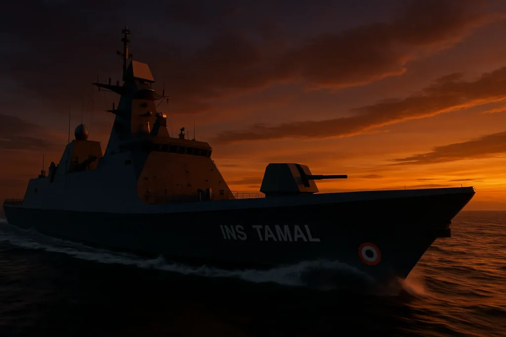 INS Tamal stealth frigate sailing during twilight, highlighting radar-absorbing design and naval power projection.