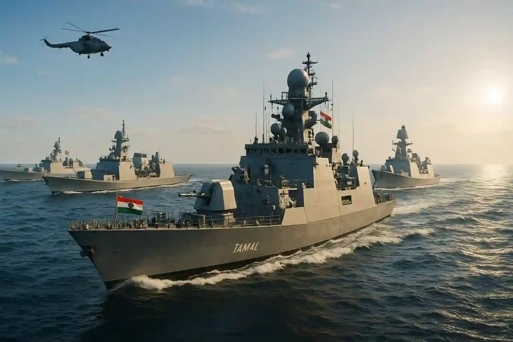 INS Tamal leading a tight naval formation with Indian Navy frigates and a destroyer of the Western Fleet in the Arabian Sea. Helicopter in flight above, all ships flying Indian flags under warm sun glare with cinematic low-angle horizon.