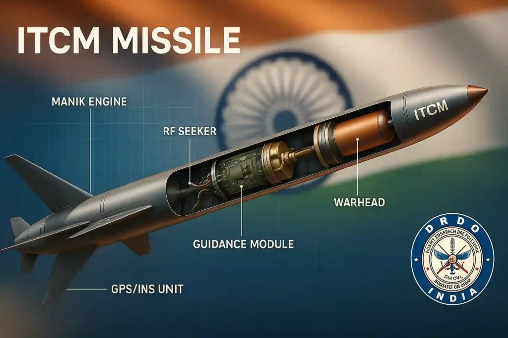 Technical 3D infographic cutaway of ITCM missile showing Manik engine, guidance module, RF seeker, warhead compartment, and GPS/INS unit. DRDO-style blueprint background, clean labelling, soft lighting.