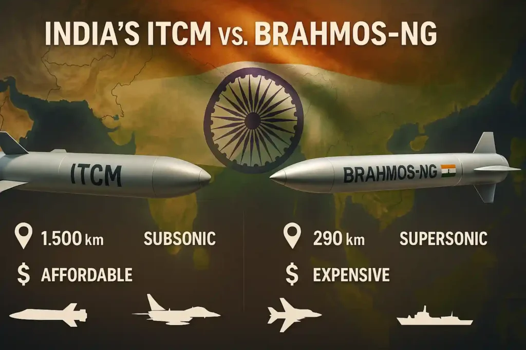 Comparison of India’s ITCM subsonic missile with BrahMos-NG highlighting speed, range, and platforms.