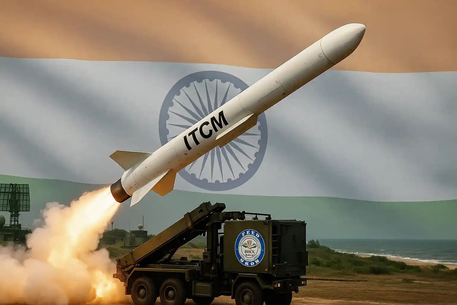Indian Army ITCM missile launch from coastal Odisha base with DRDO launcher and radar systems in action, Indian flag in background.