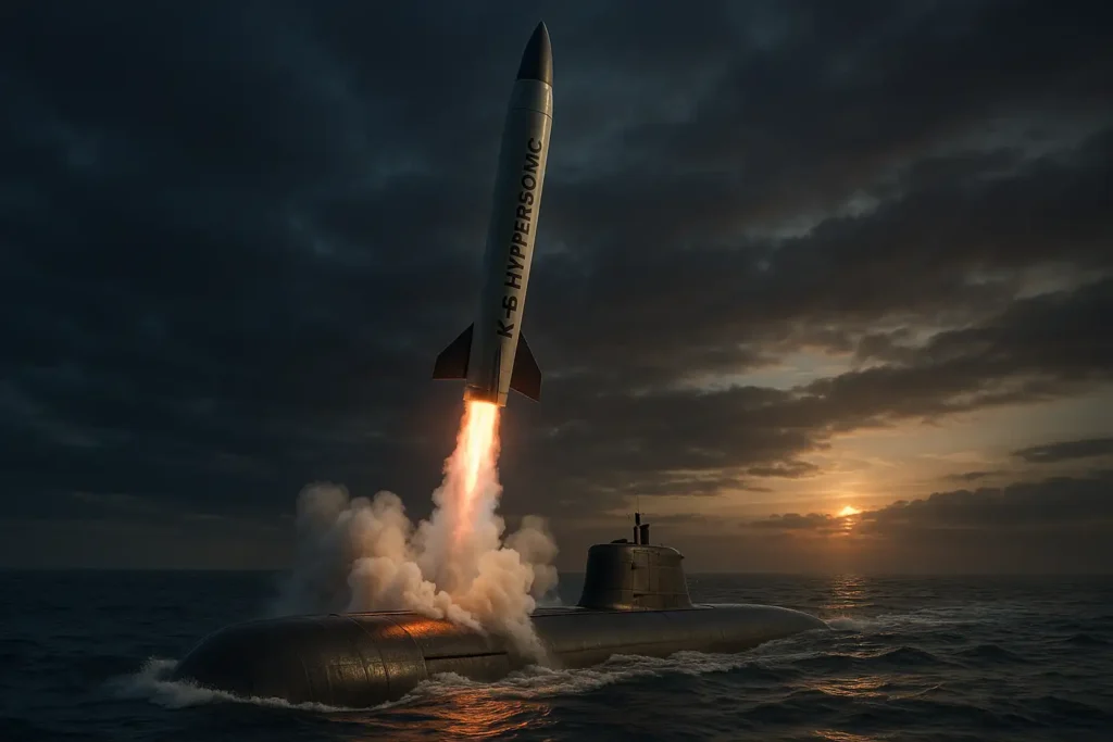 K-6 Hypersonic Missile launching vertically from INS Arihant submarine with visible flame trail and dusk ocean backdrop.