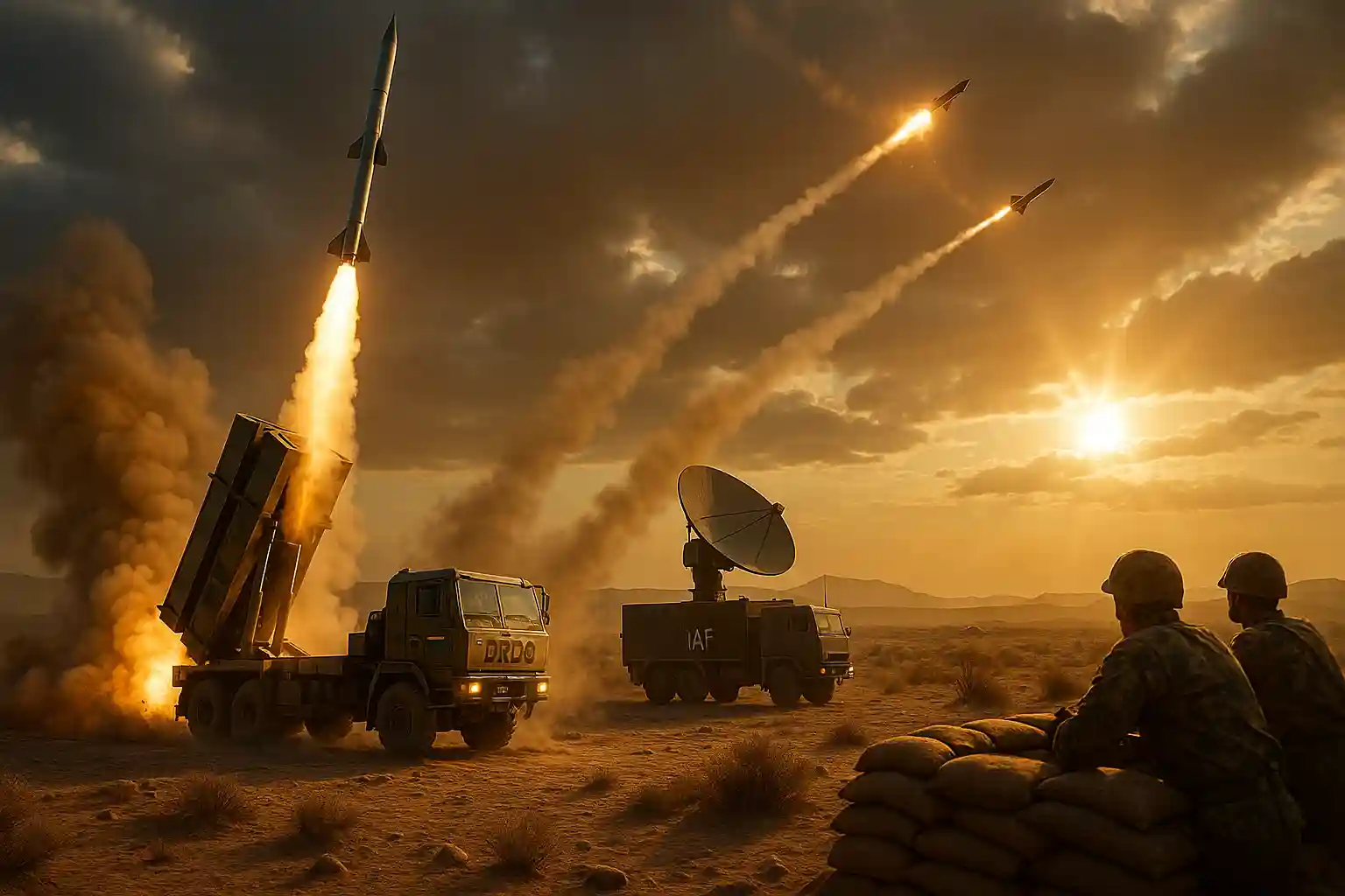 kusha-air-missile-defence-system-interception-rajasthan-radar-launcher Project Kusha air defence missile system intercepting enemy missiles in Rajasthan desert with radar and mobile launcher.