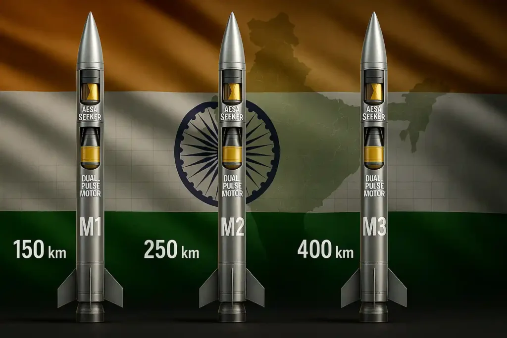 DRDO M1 M2 M3 interceptor missiles with range comparison and internal cutaway.