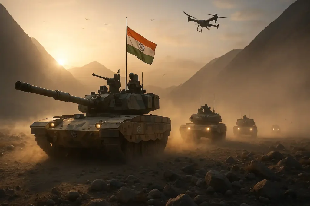 Indian Army Zorawar tanks deployed in high-altitude formation at sunrise.