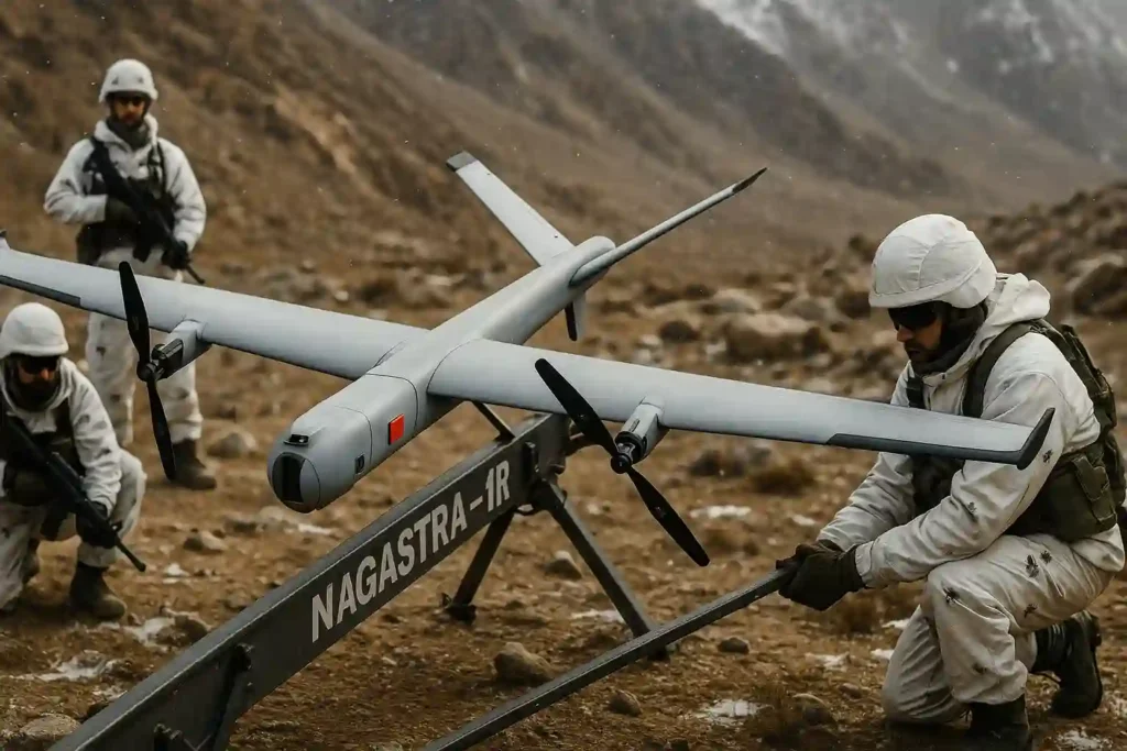 NAGASTRA‑1R drone on launch rail in Ladakh with Indian Army soldiers preparing for deployment.