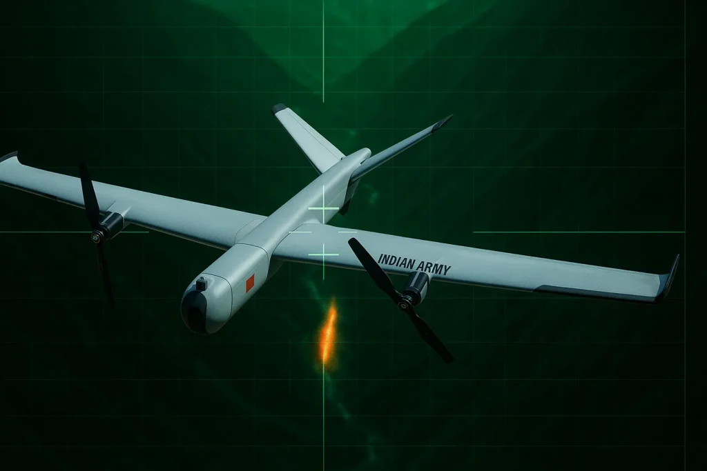 NAGASTRA‑1R drone performing precision strike simulation with target overlay and thermal tracking in mountain terrain.