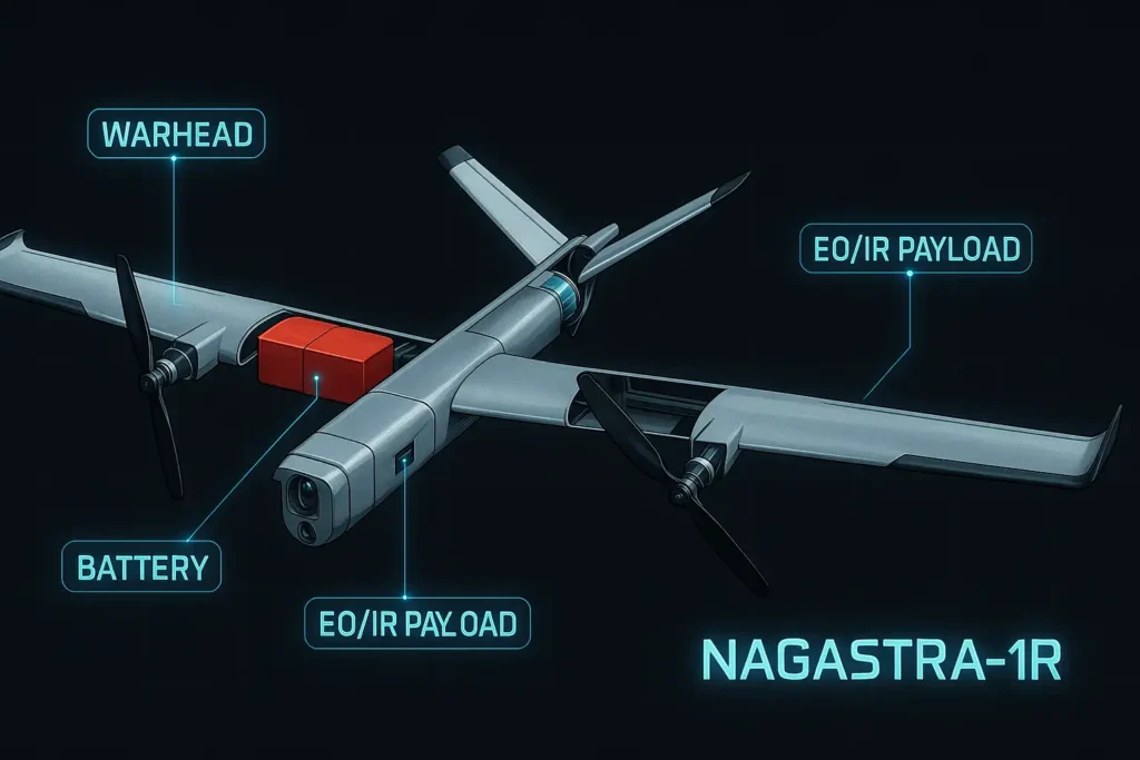 Exploded schematic of NAGASTRA‑1R drone showing internal components including EO/IR sensors and VTOL system.