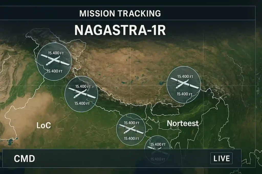 Strategic map showing NAGASTRA‑1R deployment range across Indian border regions with tactical overlays.