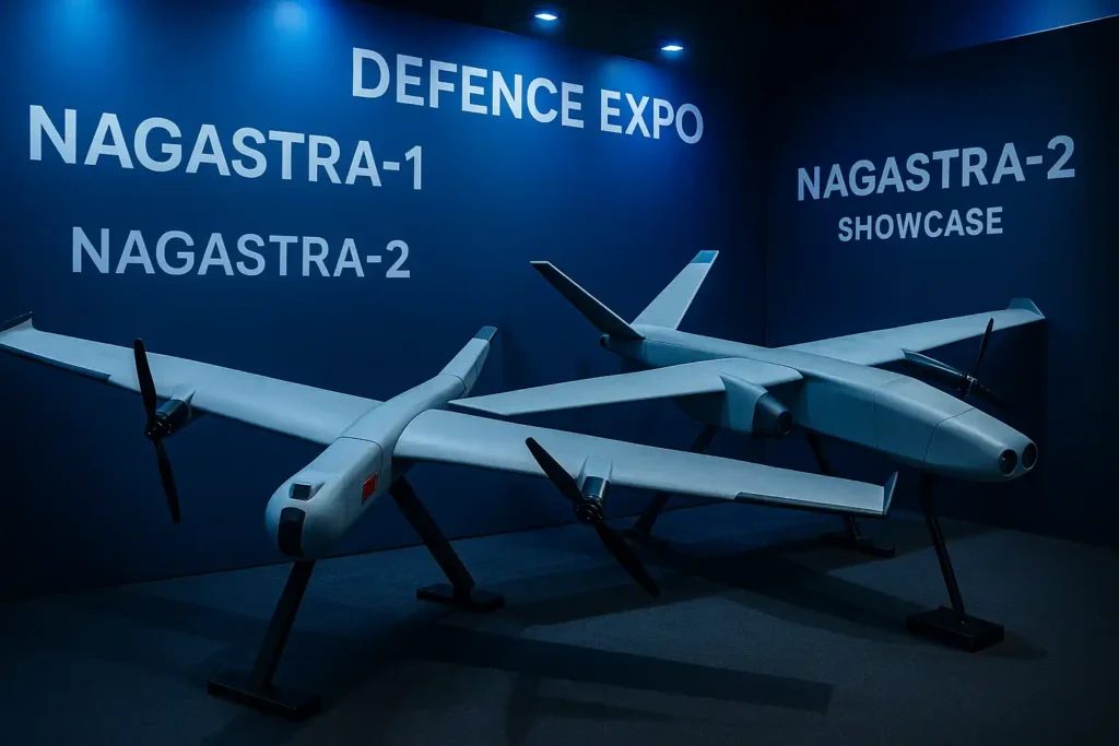 Future drones NAGASTRA‑2 and NAGASTRA-3 displayed at Defence Expo with advanced sensors and extended wings.