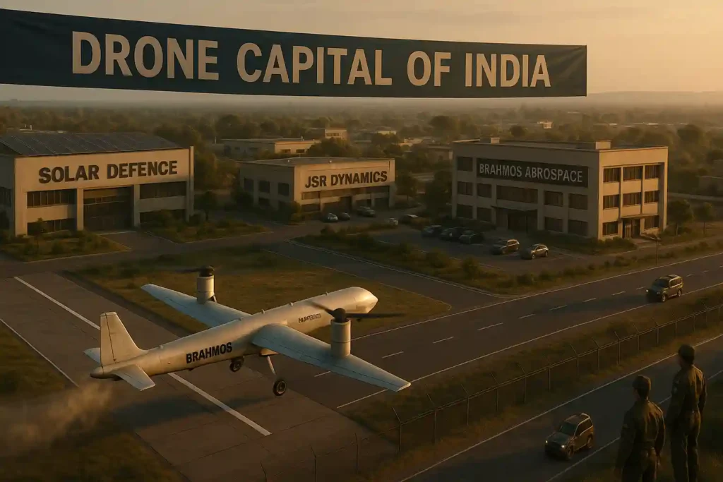 Nagpur’s defence corridor with UAV testing runway and key drone manufacturers like SDAL and BrahMos.