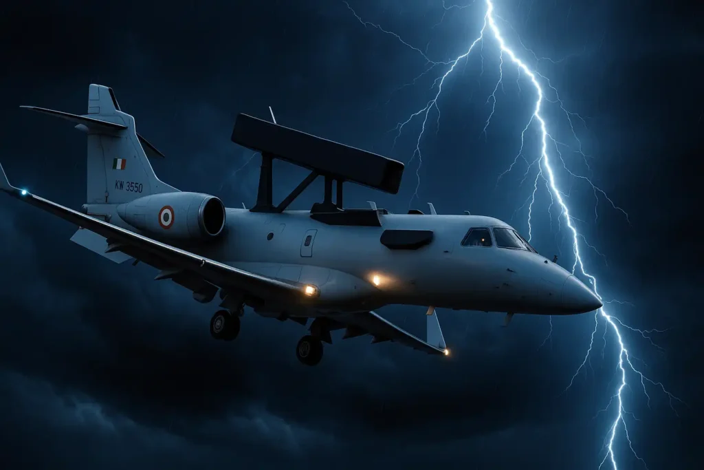 Indian Air Force Netra AEW&C aircraft KW-3550 flying through a lightning storm at night, showcasing airborne early warning capabilities with illuminated cockpit and radar dome under dramatic storm clouds.
