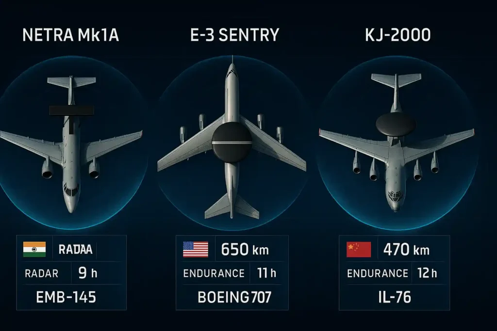 Side-by-side infographic comparing Indian Netra Mk1A (Embraer EMB-145), US/NATO E-3 Sentry (Boeing 707), and Chinese KJ-2000 (IL-76) AEW&C aircraft, with radar range, endurance, aircraft silhouettes, and national flags over a blue radar grid background.