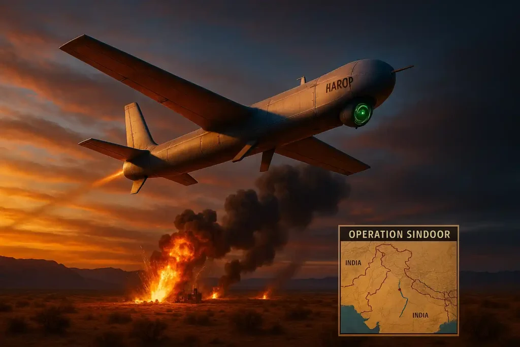 Indian Harop drone striking Pakistani radar site during Operation Sindoor with real-time map overlay.