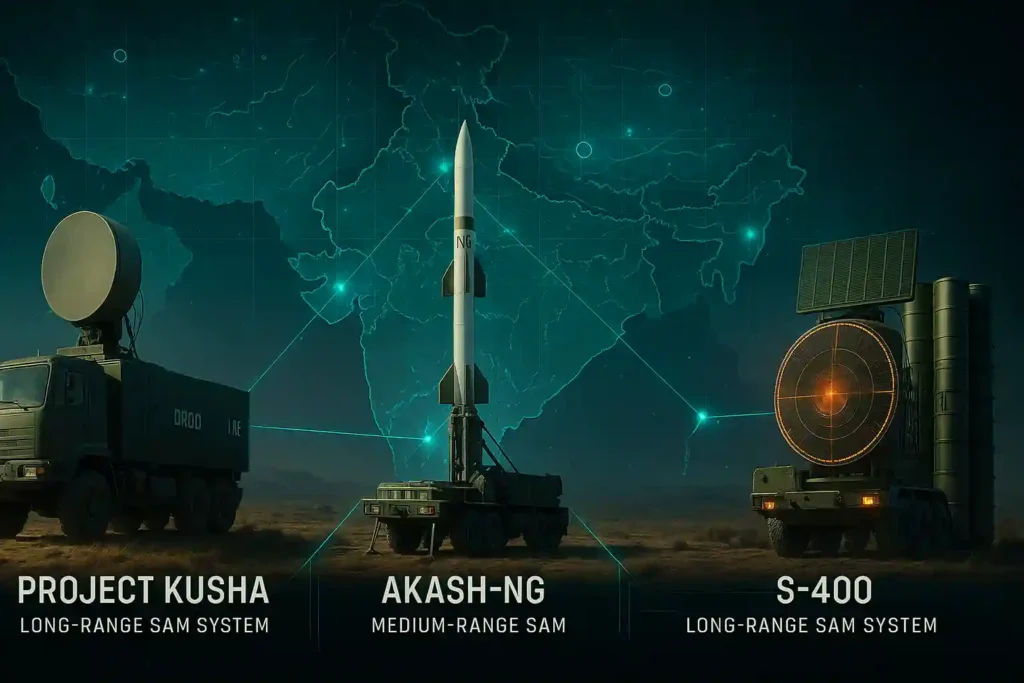 Project Kusha radar with Akash-NG launcher and S-400 radar grid integrated through IAF command network and fibre optic system in digital battlefield map.