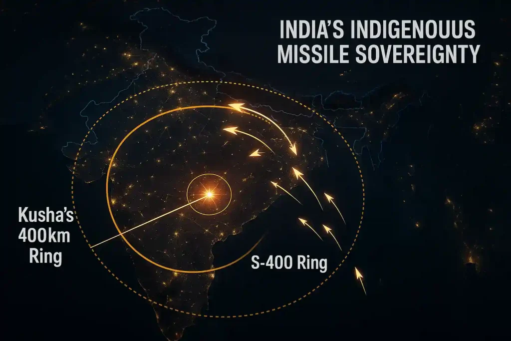 India air defence map showing Kusha missile range and layered protection zones.