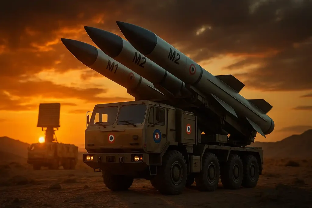 Indian Project Kusha missile system with radar and mobile launcher in desert terrain.