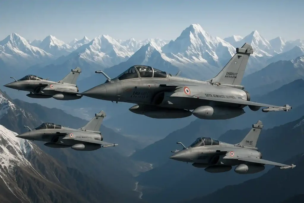 Indian Air Force Dassault Rafale fighter jets flying in formation over the Himalayas, showcasing Indo-French aerospace collaboration and advanced military aviation.