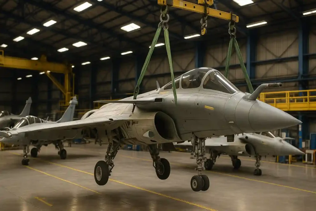 Rafale fuselages in India being lifted by crane during aircraft assembly at aerospace manufacturing facility, showing detailed Dassault airframe structure and engineering process.