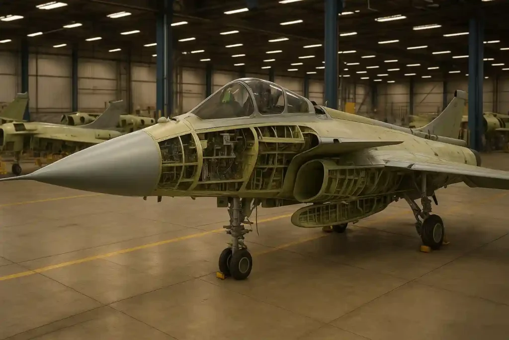 Partially assembled Dassault Rafale fighter jet fuselage on aerospace assembly line, showcasing internal airframe structure, exposed components, and realistic industrial manufacturing environment.