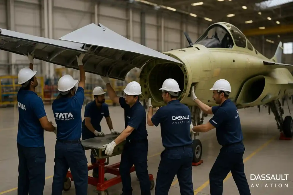 Engineers from Tata Advanced Systems and Dassault Aviation installing Rafale fighter jet wing onto fuselage in Indian aerospace assembly line, showcasing international defence manufacturing collaboration.