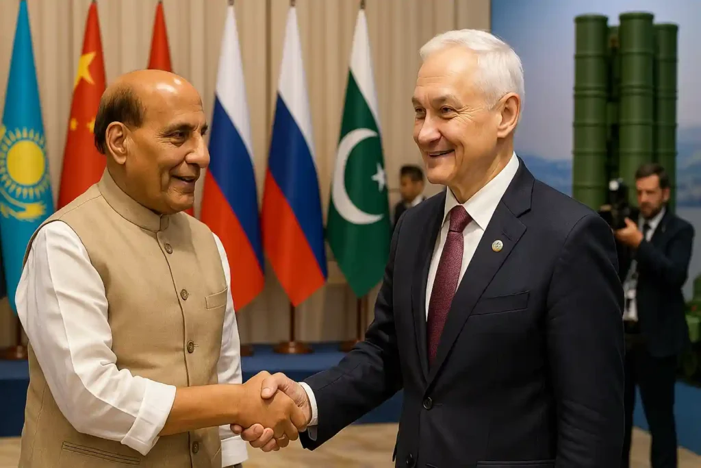 Indian Defence Minister Rajnath Singh shakes hands with Russian Defence Minister Andrey Belousov at SCO summit with national flags and S-400 missile launcher in background, defence expo setting, press photographers capturing the moment.