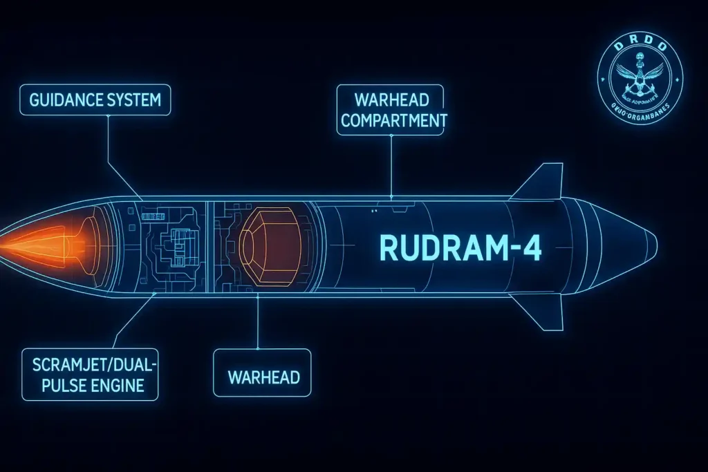 Cutaway of Rudram-4 missile showing propulsion, guidance, and seeker systems.