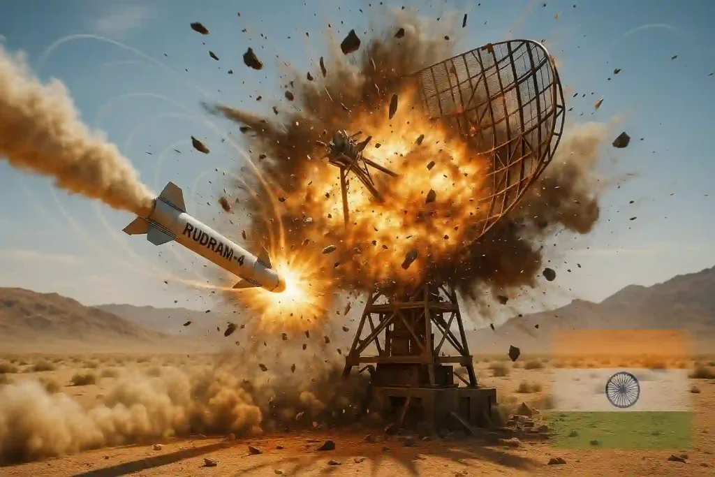 Rudram-4 missile neutralising enemy radar in stand-off airstrike simulation.