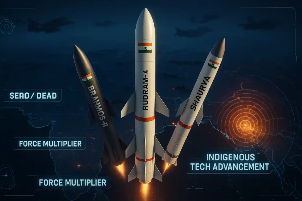 Rudram-4 missile with BrahMos-II and Shaurya showcasing India's SEAD capability and strategic deterrence.