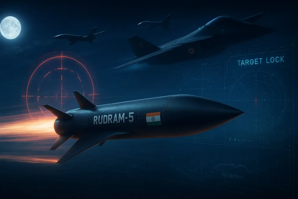 Futuristic Rudram-5 missile and AMCA drone collaboration concept.