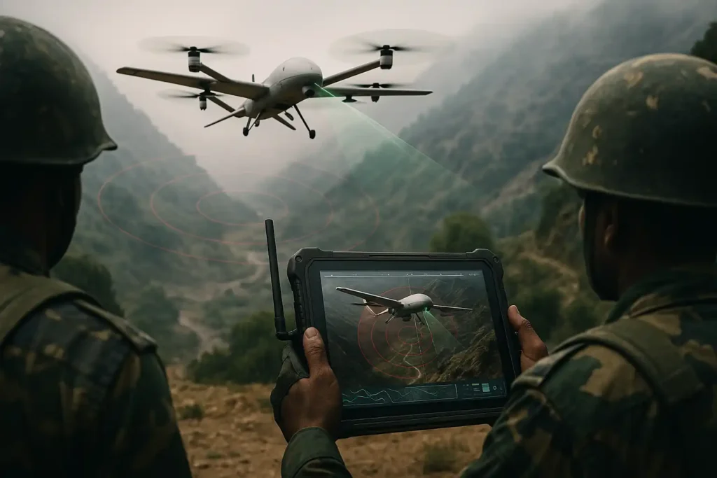 Rudrastra UAV in high-altitude battlefield scenario controlled by Indian soldiers during a live surveillance and strike mission.