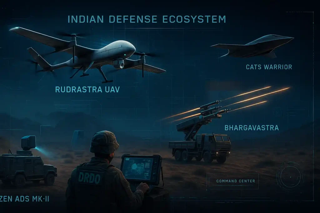 Strategic drone warfare ecosystem of India with Rudrastra UAV, Bhargavastra, Zen ADS HK, and CATS Warrior in tactical formation.