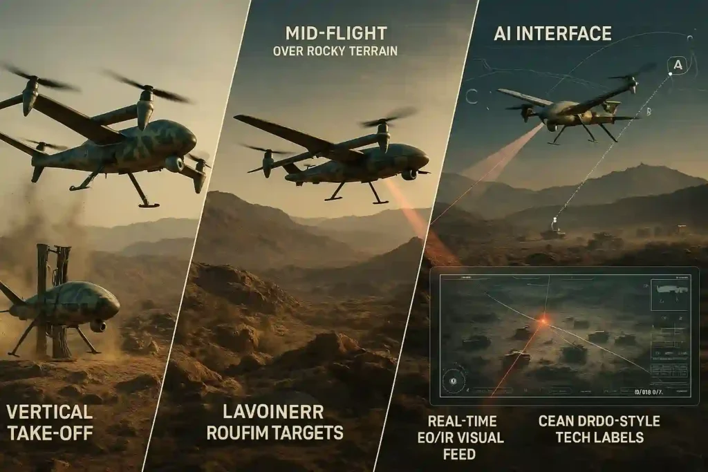 Rudrastra UAV demonstrating VTOL launch, target tracking, and encrypted AI navigation during high-altitude military mission.