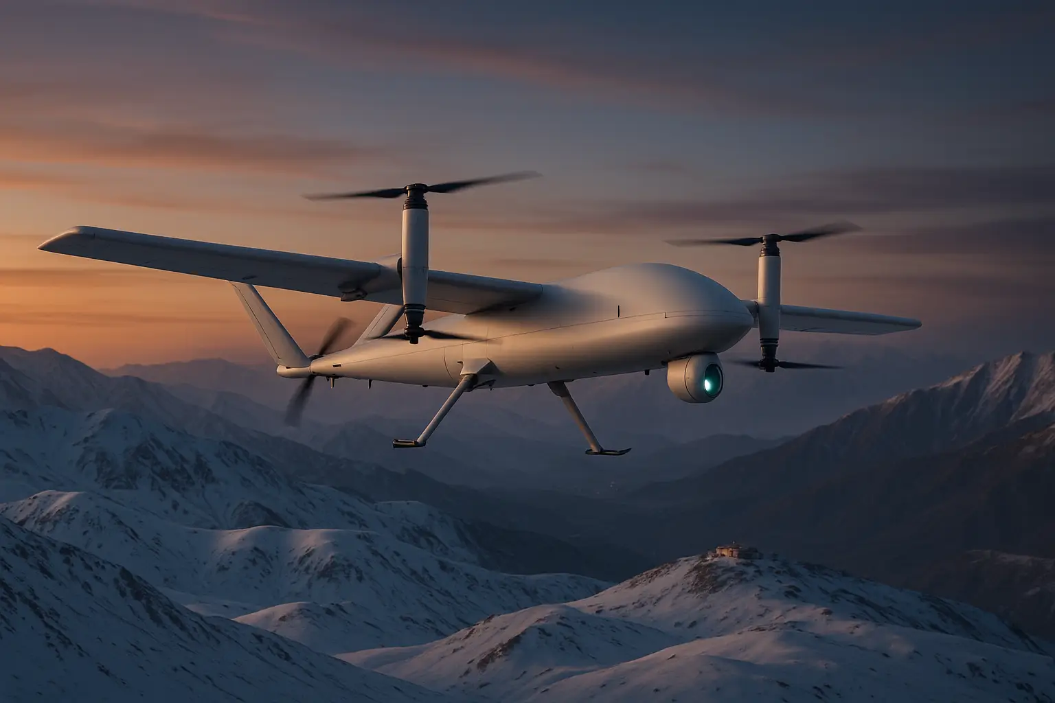 Rudrastra UAV flying over Ladakh mountains with VTOL rotors and EO/IR sensors during Indian Army surveillance mission.