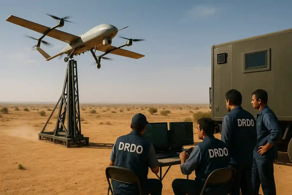 Rudrastra UAV launch at Pokhran desert trials with Indian Army team testing loitering munition and vertical takeoff capability.
