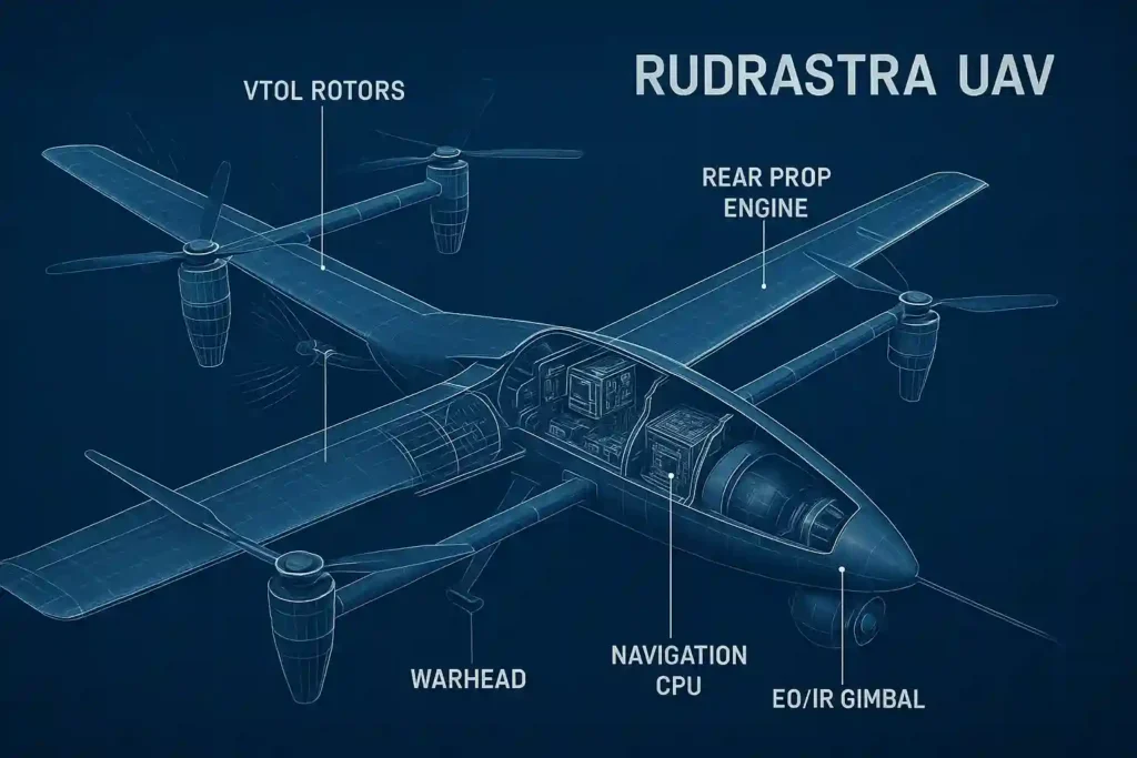 3D cutaway of Rudrastra UAV showing internal components like warhead, EO/IR gimbal, VTOL rotors, and navigation system.