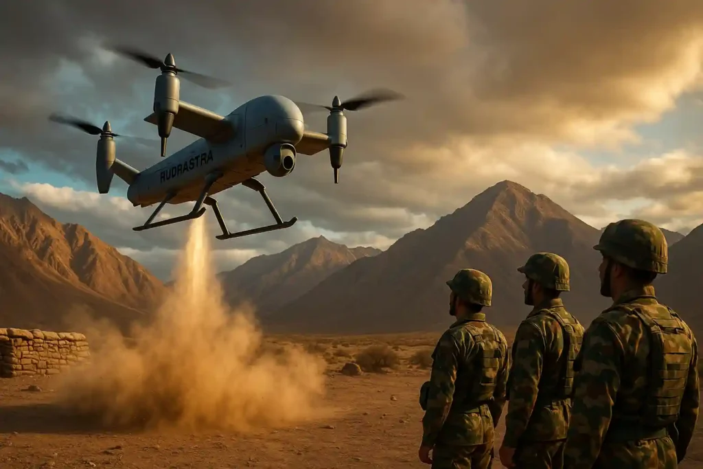 Rudrastra UAV launching from Ladakh border post with VTOL rotors and EO/IR targeting system.