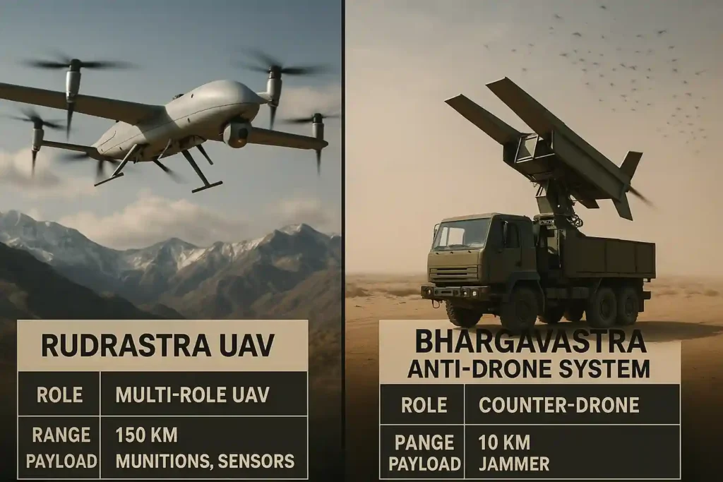 Comparison of Rudrastra UAV and Bhargavastra drone defence system showing strike vs anti-swarm roles with range and payload.