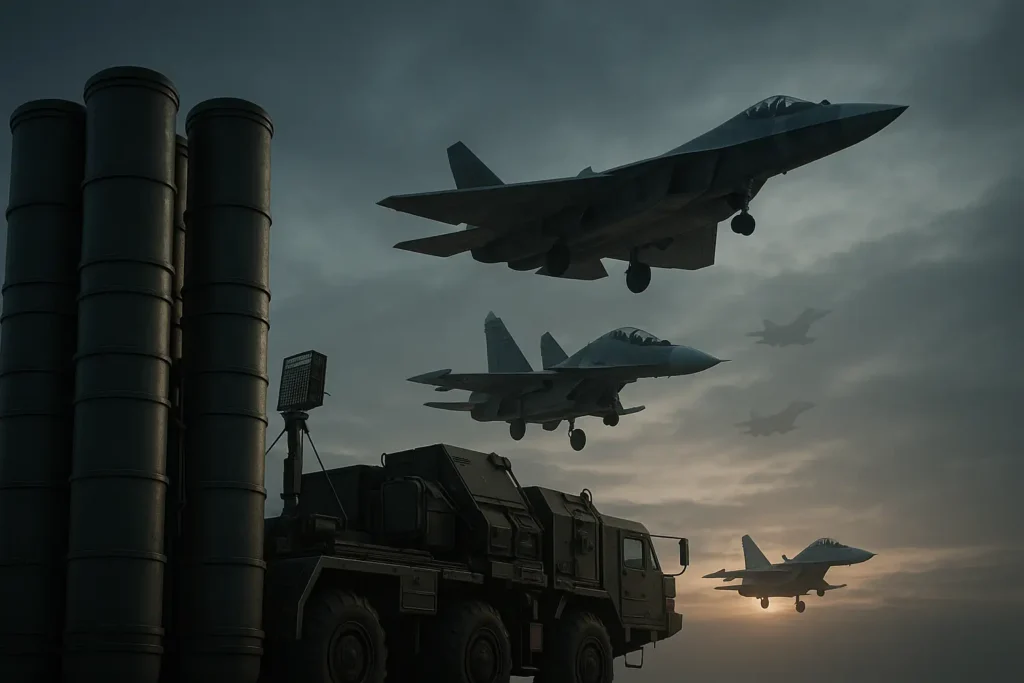 S-500 missile launcher in foreground with Su-57 stealth fighter flying overhead and Sukhoi Su-30MKI jets in formation at dawn, moody sky, high-detail military defence scene