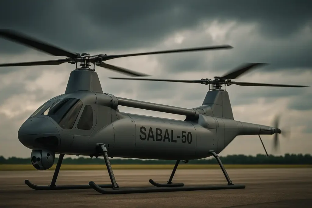 Sabal-50 heavy-lift VTOL drone by IIT Kanpur on runway with tandem rotors, high-res cinematic image for Indian defence news
