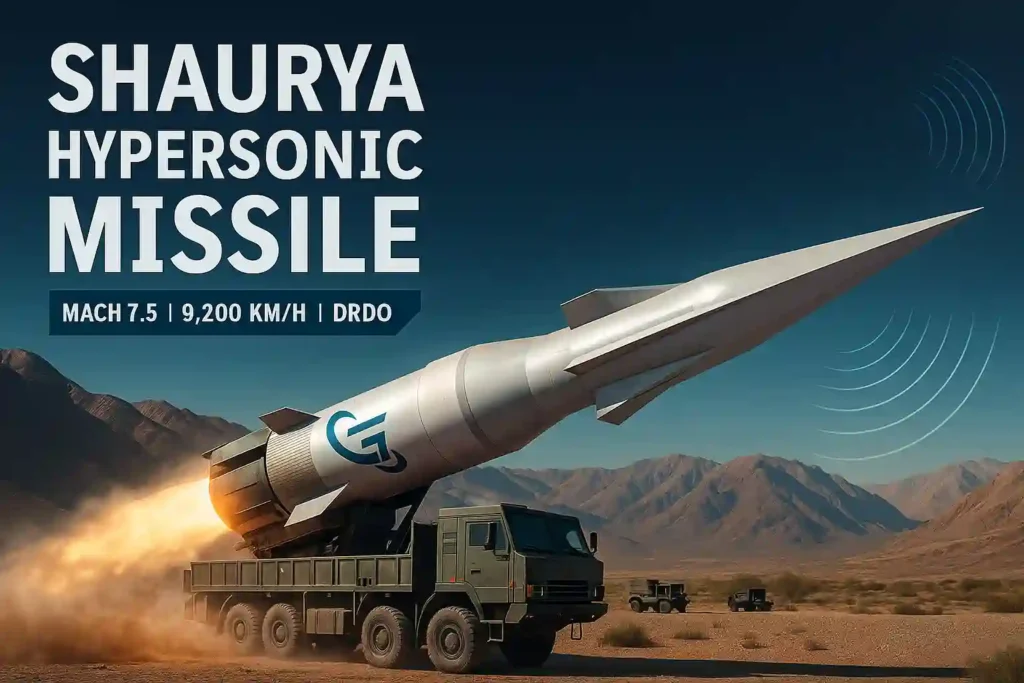 Shaurya hypersonic missile in flight at Mach 7.5 above clouds, showing DRDO aerodynamic design and terminal phase manoeuvring.