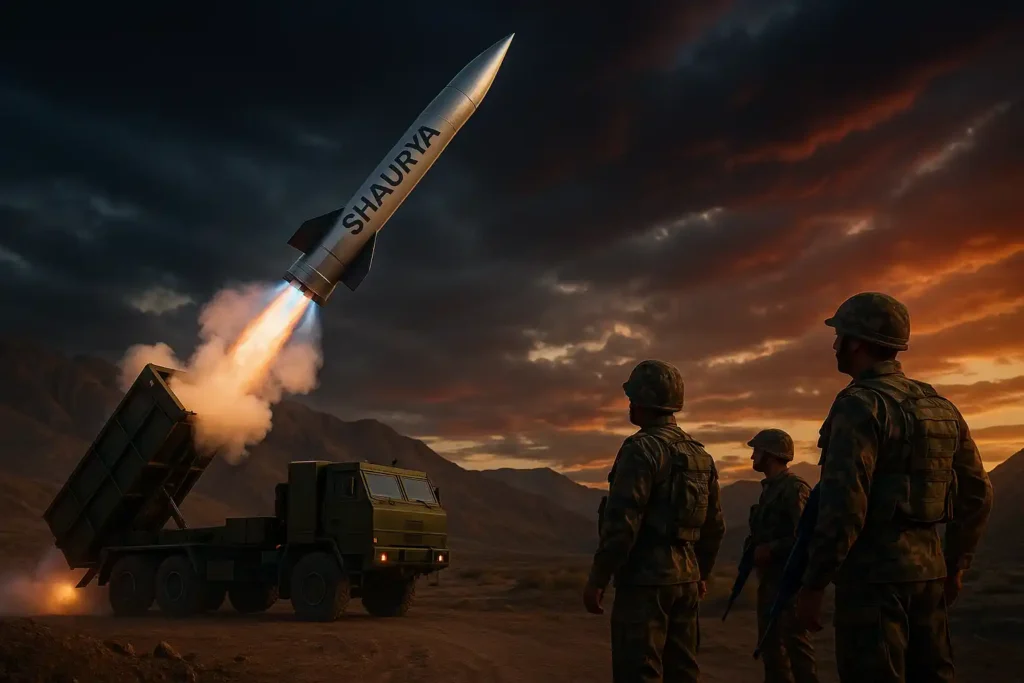 Shaurya missile cold-launching from road-mobile canisterised TEL in forested region with Indian soldiers. Realistic military deployment. DefenceNewsIndia.in.