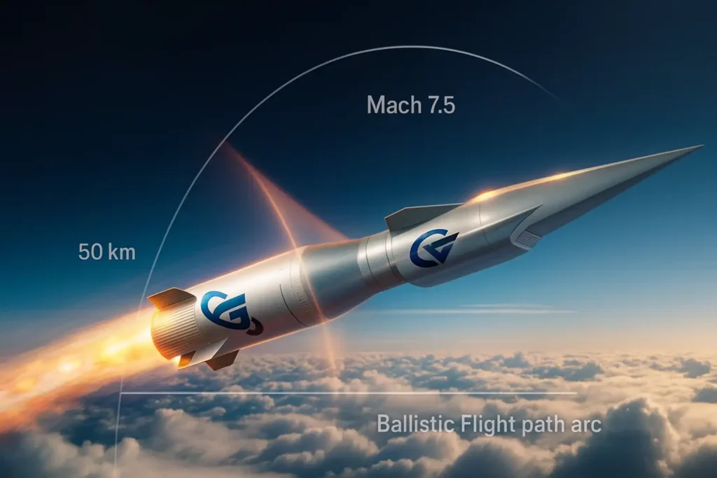 Shaurya missile in hypersonic flight showing Mach 7.5 velocity arc, shockwave trail, and terminal manoeuvrability. Hypersonic glide path graphic by DefenceNewsIndia.in.