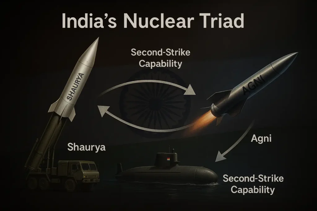 India’s nuclear triad visual showing Shaurya hypersonic missile, INS Arihant submarine, and Agni series missile as second-strike assets. Strategic infographic by DefenceNewsIndia.in.